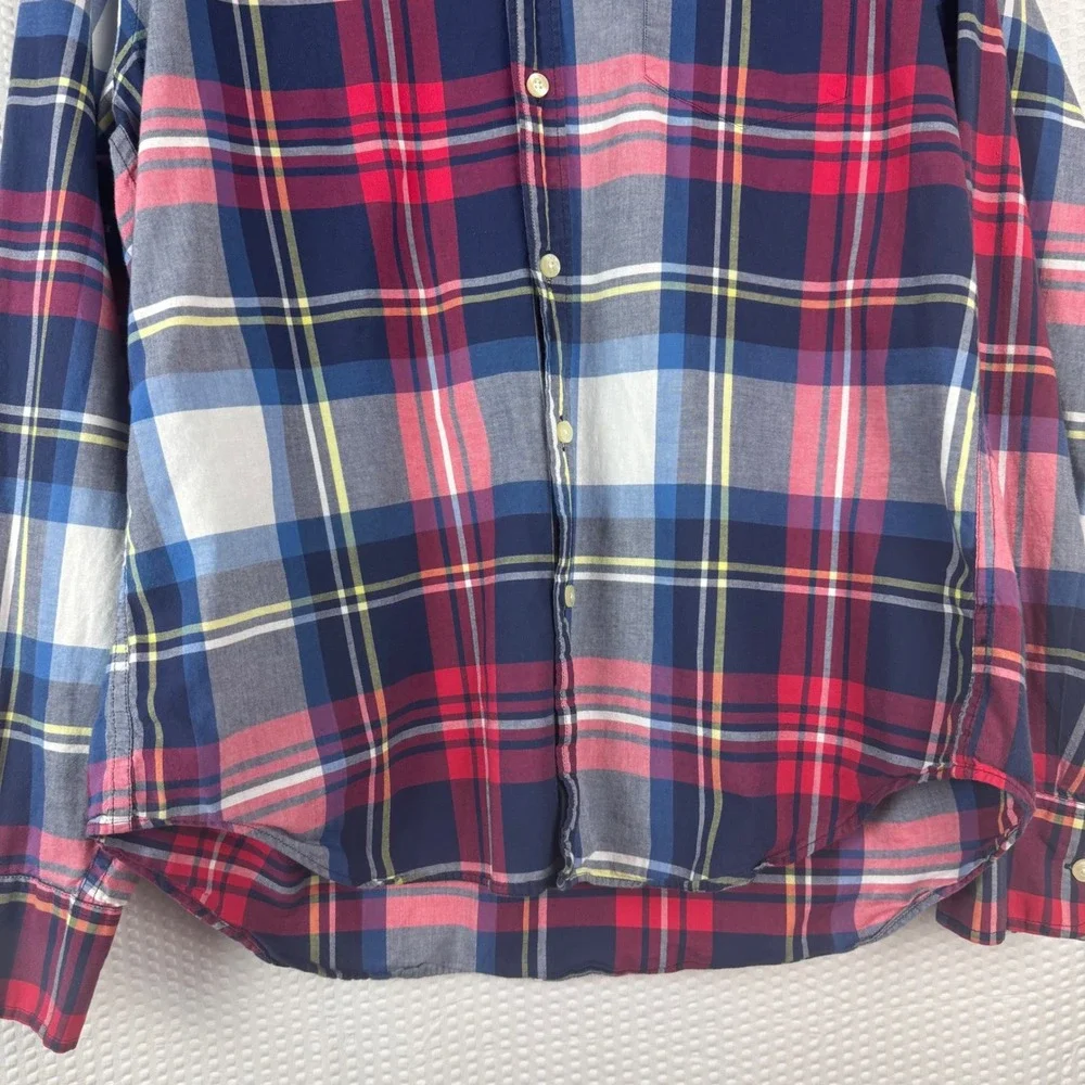 Vtg J. Crew Summer Plaid Button Down Shirt Men Red Blue Large Long Sleeve Pocket